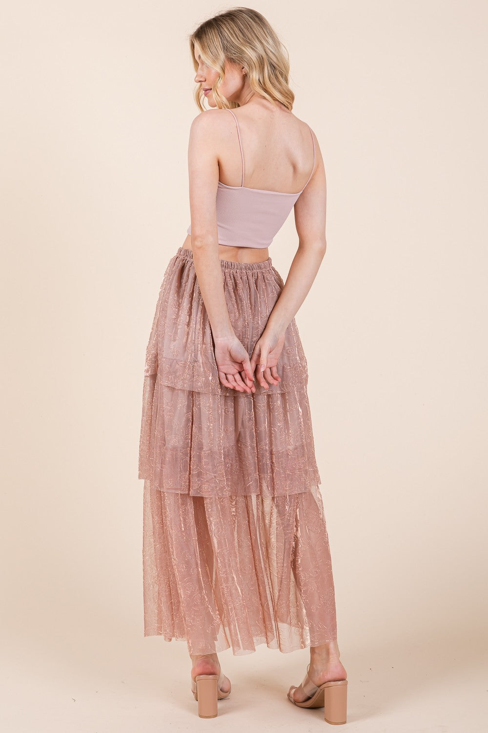 Tiered Mesh Tulle Maxi Skirt — Embossed Romantic Ruffle Skirt