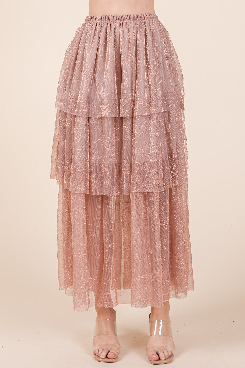 Tiered Mesh Tulle Maxi Skirt — Embossed Romantic Ruffle Skirt