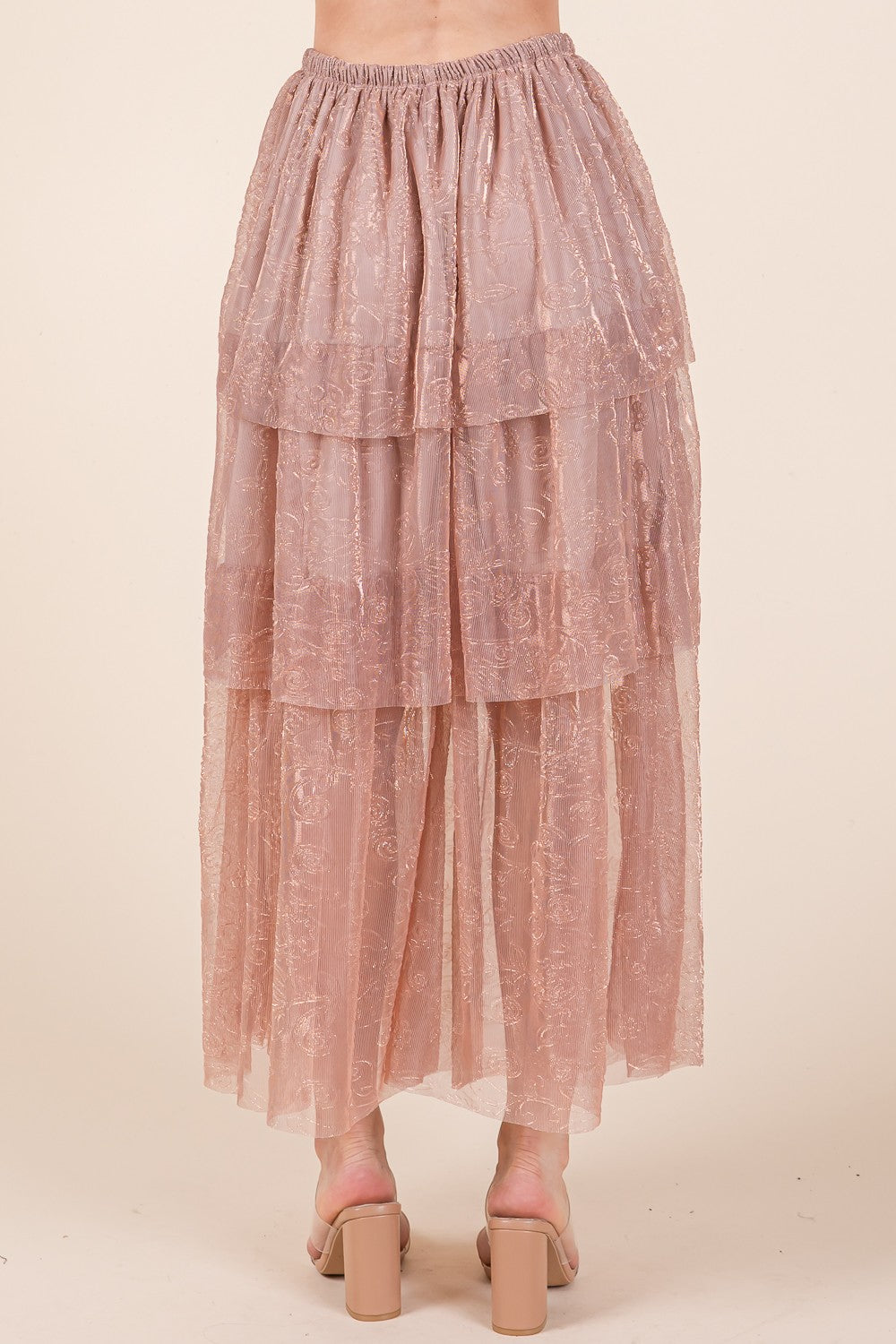 Tiered Mesh Tulle Maxi Skirt — Embossed Romantic Ruffle Skirt