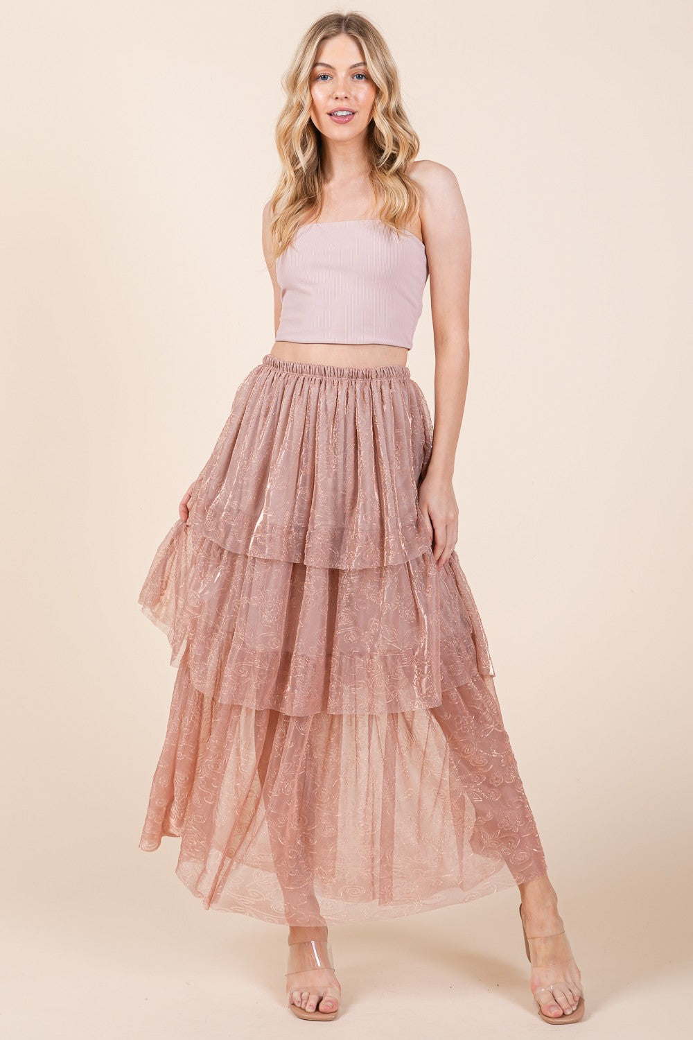 Tiered Mesh Tulle Maxi Skirt — Embossed Romantic Ruffle Skirt