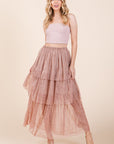 Tiered Mesh Tulle Maxi Skirt — Embossed Romantic Ruffle Skirt