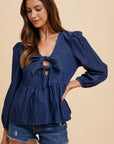 Annie Wear Tie Front Peplum Long Sleeve Denim Top