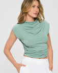 Renee C. Made in USA Mock neck Short Sleeve Ruched Crop Top