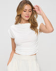 Renee C Made in USA Mock neck Short Sleeve Ruched Crop Top