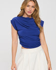 Renee C Made in USA Mock neck Short Sleeve Ruched Crop Top