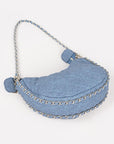 Double Chain Strap Quilted Denim Shoulder Bag