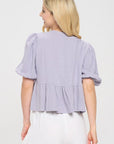 Renee C Made in USA Linen Puff Sleeve Top w Front Bow