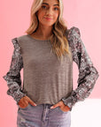 Ruffle Tiered Floral Sleeve Crew Neck Blouse