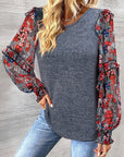 Ruffle Tiered Floral Sleeve Crew Neck Blouse