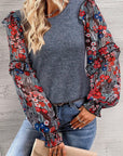 Ruffle Tiered Floral Sleeve Crew Neck Blouse