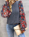 Ruffle Tiered Floral Sleeve Crew Neck Blouse