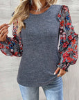 Ruffle Tiered Floral Sleeve Crew Neck Blouse