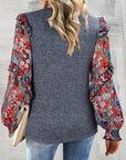 Ruffle Tiered Floral Sleeve Crew Neck Blouse