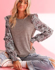 Ruffle Tiered Floral Sleeve Crew Neck Blouse