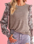 Ruffle Tiered Floral Sleeve Crew Neck Blouse