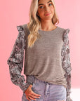 Ruffle Tiered Floral Sleeve Crew Neck Blouse