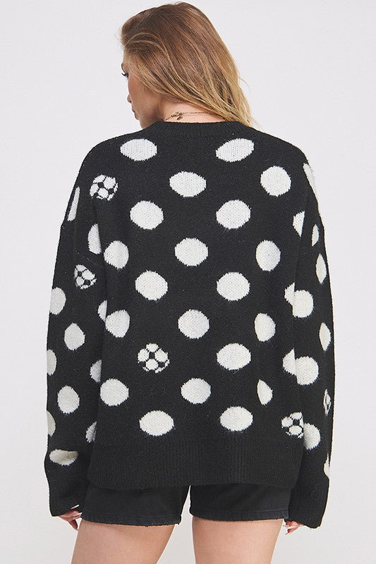 Jade By Jane Polka Dot Soccer Ball Long Sleeve Knit Sweater