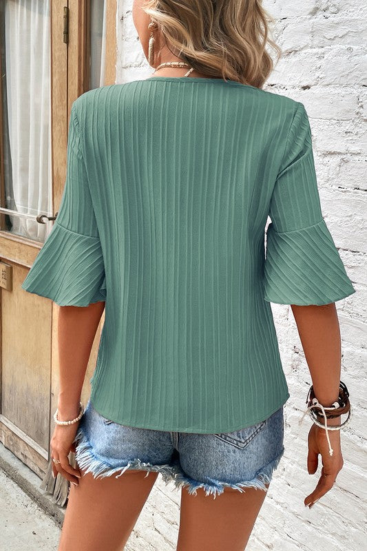 Women Ruffled Half Sleeve V Neck Textured Top