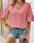 Women Ruffled Half Sleeve V Neck Textured Top