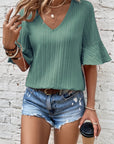 Women Ruffled Half Sleeve V Neck Textured Top