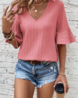 Women Ruffled Half Sleeve V Neck Textured Top