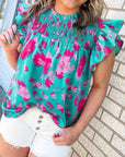 Women Floral Ruffled Flutter Sleeve Ruched Blouse