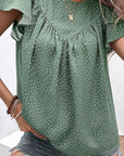 Women-Dotted Ruffle Sleeve Crew Neck Ruched Blouse