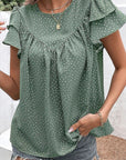 Women-Dotted Ruffle Sleeve Crew Neck Ruched Blouse