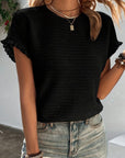 Women Solid Textured Ruffled Short Sleeve Blouse