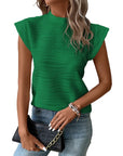 Women Wavy Textured Mock Neck Cap Sleeve Top