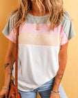 Women Ribbed Color Block Patchwork T-shirt