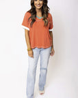 Women Contrast Trim Exposed Seam V Neck T-shirt