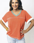 Women Contrast Trim Exposed Seam V Neck T-shirt