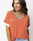 Women Contrast Trim Exposed Seam V Neck T-shirt