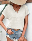 Women Textured Wide Sleeve V Neck T Shirt