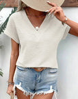 Women Textured Wide Sleeve V Neck T Shirt