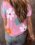 Women Pink Flower Print Bubble Sleeve Tee