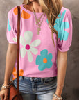 Women Pink Flower Print Bubble Sleeve Tee