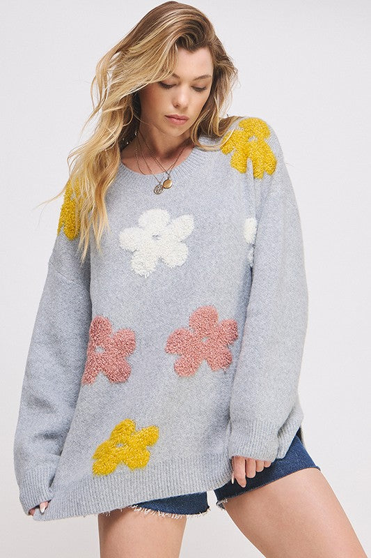 Jade by Jane Oversized Long Sleeve Floral Graphic Knit Sweater