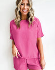 Women Textured Tee and Drawstring Shorts Set