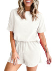 Women Textured Tee and Drawstring Shorts Set