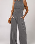 Women Cinched Waist Sleeveless Wide Leg Jumpsuit