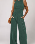 Women Cinched Waist Sleeveless Wide Leg Jumpsuit