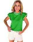 Women's Piping Ruffled Sleeve Round Neck Knit Top