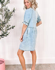 Women Ruffled Short Sleeve Buttoned Denim Dress