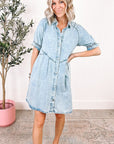 Women Ruffled Short Sleeve Buttoned Denim Dress