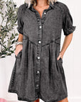 Women Ruffled Short Sleeve Buttoned Denim Dress