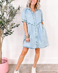 Women Ruffled Short Sleeve Buttoned Denim Dress