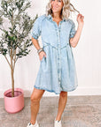 Women Ruffled Short Sleeve Buttoned Denim Dress