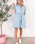 Women Ruffled Short Sleeve Buttoned Denim Dress